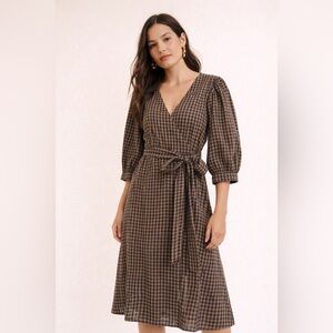 Olive green and navy gingham midi dress